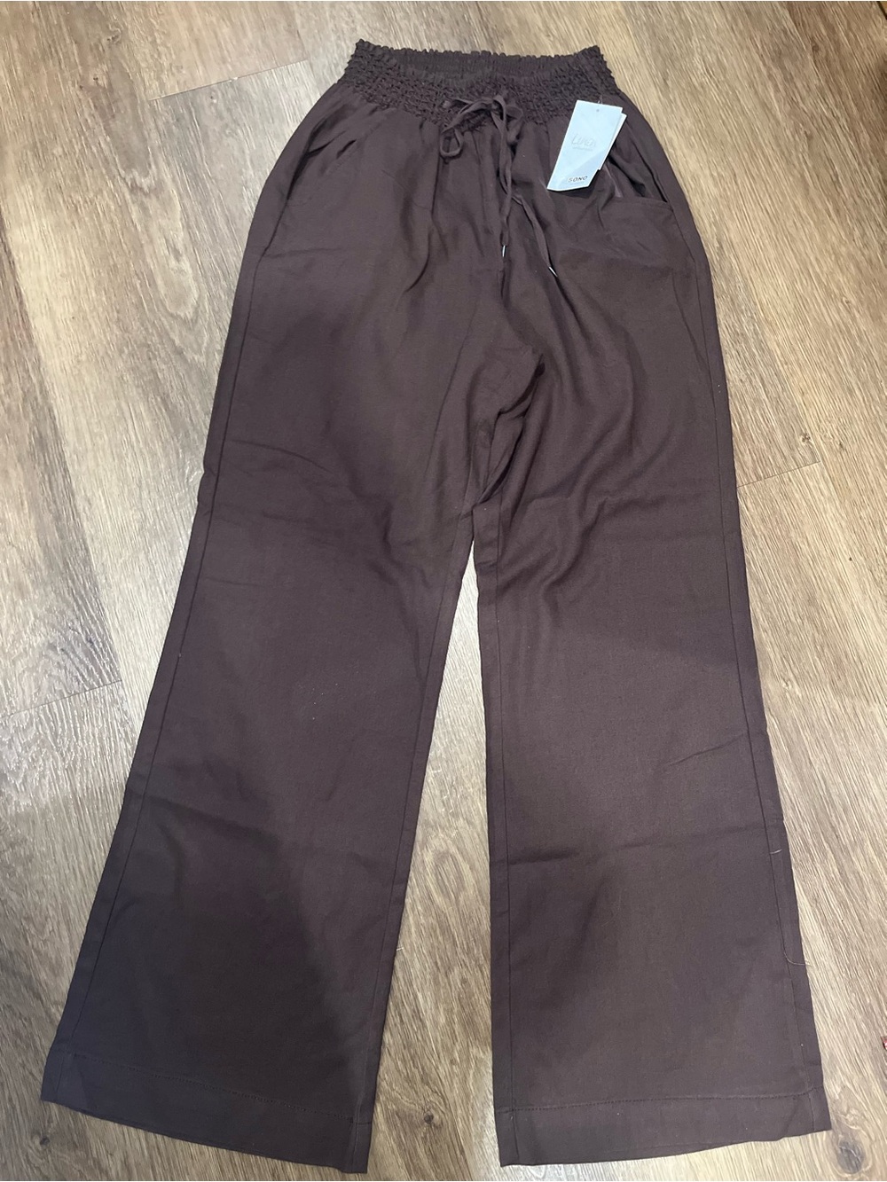 Ci Sono Women’s Dark Brown Wide-Leg Linen Drawstring Pants